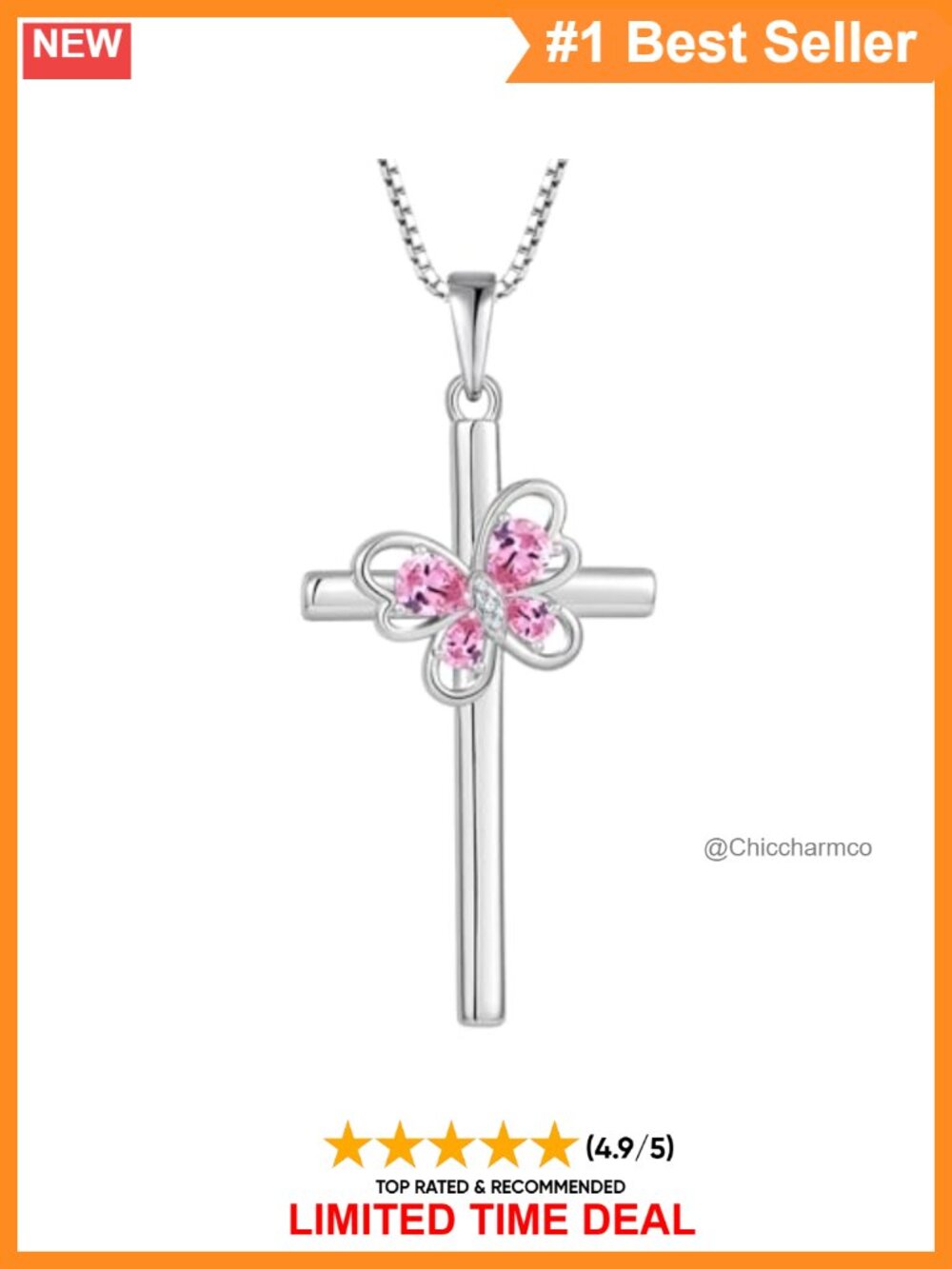 925 Sterling Silver Cross Butterfly Pendant Necklace Cubic Zirconia
